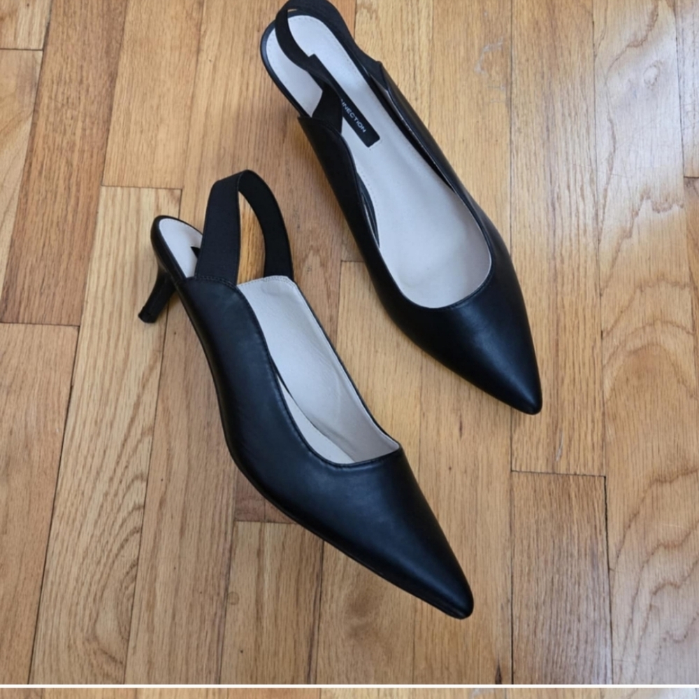 French Connection Quinn Black Pointed Toe Slingback Kitten Heels